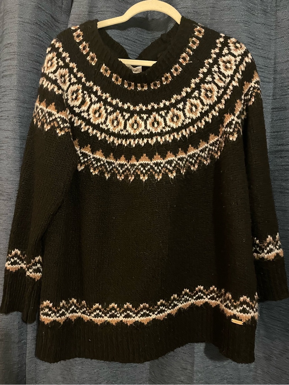 Calvin Klein Black Fair Isle Crewneck Sweater with Cream & Tan Accents